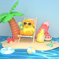 Cartoon Character Relaxing On Deck Chair With Palm Tree Watermelon Crab Beach Ball And Ring