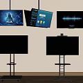 Multiple TVs With Ceiling Mounts And Floor Stands Displaying Various Screens