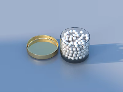Transparent Glass Storage Jar With White Small Balls And Golden Lid 3d model
