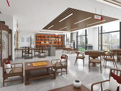 Chinese Style Service Hall Interior With Wooden Furniture And Large Windows 3d model