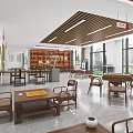 Chinese Style Service Hall Interior With Wooden Furniture And Large Windows