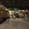 Museum Exhibition Hall Featuring Red Display Stands Mannequins Glass Cases And Bright Lighting