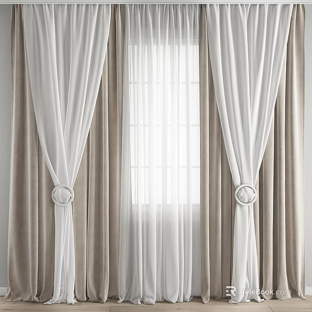 White Sheer And Beige Heavy Curtains With Ring Tiebacks For Window Decor 3d model