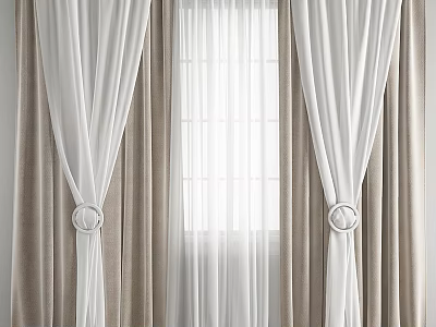 White Sheer And Beige Heavy Curtains With Ring Tiebacks For Window Decor 3d model