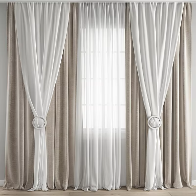 White Sheer And Beige Heavy Curtains With Ring Tiebacks For Window Decor 3d model