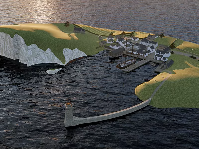 Island Garden Landscape with White Cliffs Green Grass Houses Pier and Lighthouse by Water 3d model