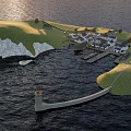 Island Garden Landscape with White Cliffs Green Grass Houses Pier and Lighthouse by Water