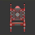 Ornate Red Dining Chair With Intricate Carved Design Decorative Posts And Green Accents