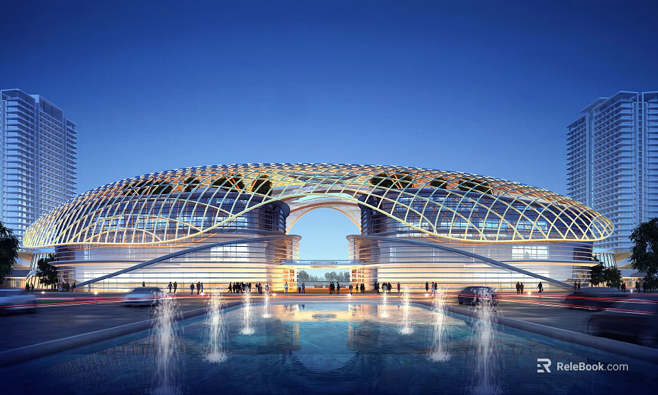 Modern Architectural Building With Curved Glass Roof Water Fountain Pool And Night View 3d model 