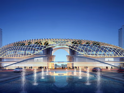 Modern Architectural Building With Curved Glass Roof Water Fountain Pool And Night View 3d model
