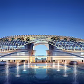 Modern Architectural Building With Curved Glass Roof Water Fountain Pool And Night View
