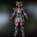 Red Faced Demon Character In Ornate Samurai Armor With Horned Helmet And Metallic Details