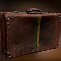 Vintage Brown Leather Suitcase With Metal Buckles Colorful Stripes And Worn Texture