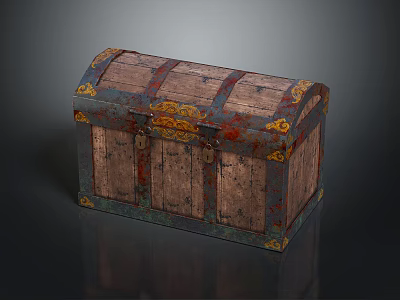 Vintage Wooden Trunk With Decorative Metal Buckles Carved Patterns And Rustic Blue Brown Finish 3d model