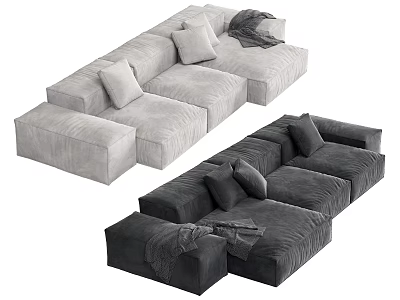 Modern Modular Sectional Sofa in Light Gray and Dark Gray with Cushions and Throw Blankets 3d model