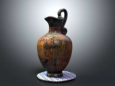 Ancient Decorative Vase With Intricate Patterns Curved Handle And Ornate Base 3d model