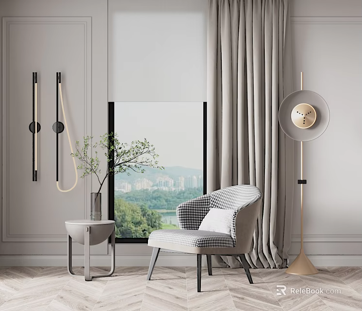 Gray Striped Leisure Chair With Side Table Plant Floor Lamp And Curtains 3d model 