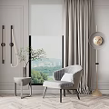 Gray Striped Leisure Chair With Side Table Plant Floor Lamp And Curtains