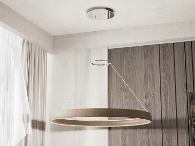 Modern Minimalist Wooden Ring Chandelier With Metal Accents Wooden Wall Panel And White Curtains 3d model