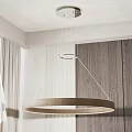 Modern Minimalist Wooden Ring Chandelier With Metal Accents Wooden Wall Panel And White Curtains