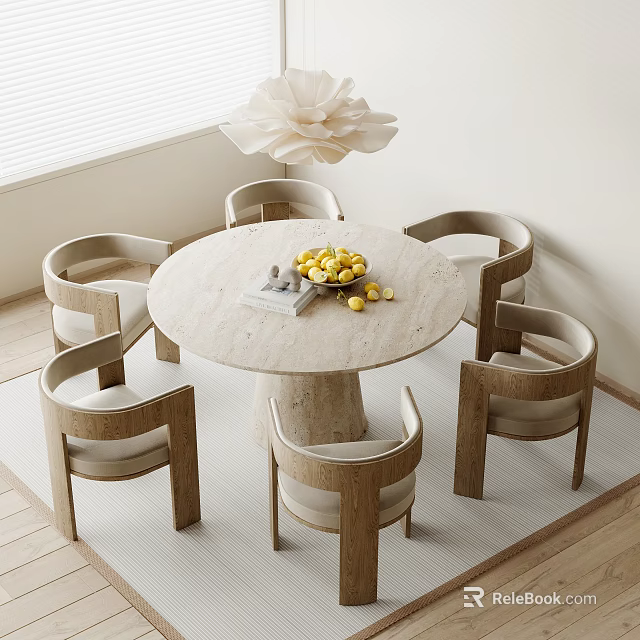 Modern Minimalist Round Dining Table With Wooden Chairs And Lemons On Tabletop 3d model 