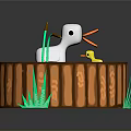 Charming Wooden Pond With Blue Water Large White Duck Small Yellow Duck Reeds And Grass