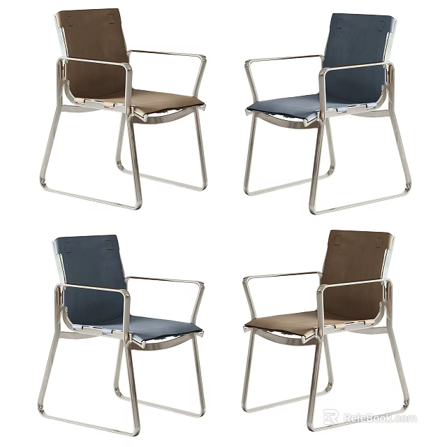 Modern Leisure Chairs with Metal Frame and Blue Brown Fabric Seats 3d model 