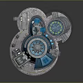 Cartoon Style Sci-Fi Base With Blue Circular Structure Antennas Sphere Device And Platforms