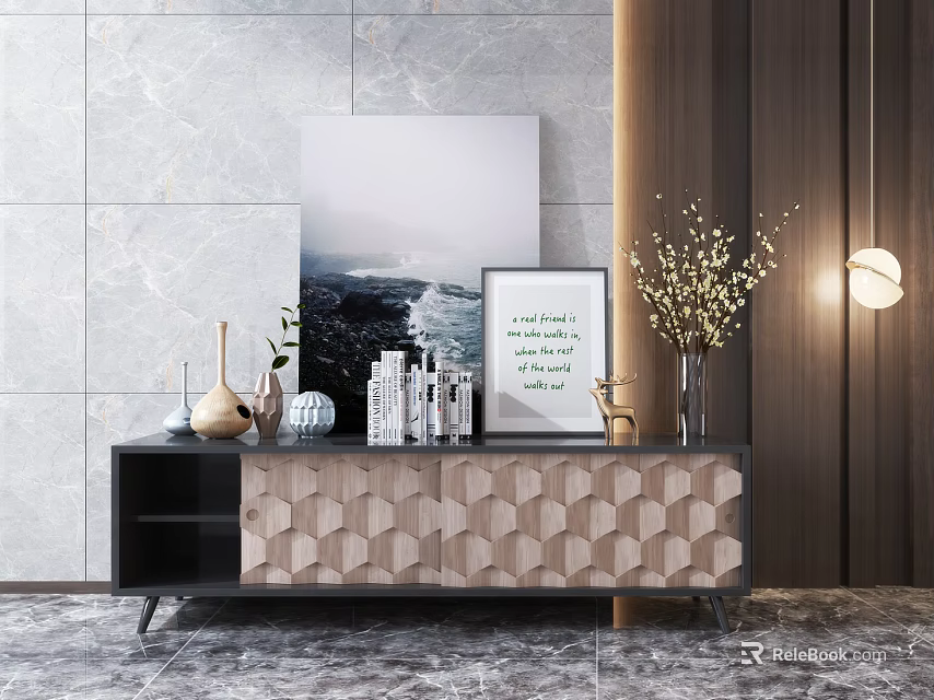 Modern TV Stand With Hexagonal Panel Design Vase Books Framed Art And Marble Wall 3d model 