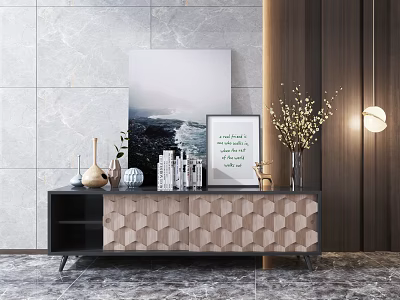 Modern TV Stand With Hexagonal Panel Design Vase Books Framed Art And Marble Wall 3d model