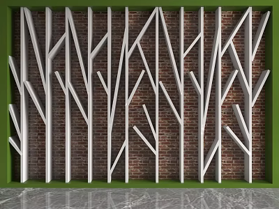 Modern Display Shelves With Green Frame White Branch Design Red Brick Wall And Marble Floor 3d model