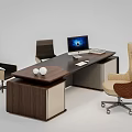 Modern Office Desk With Walnut Wood Finish Ergonomic Chairs Computer Monitor And Decorative Ornaments