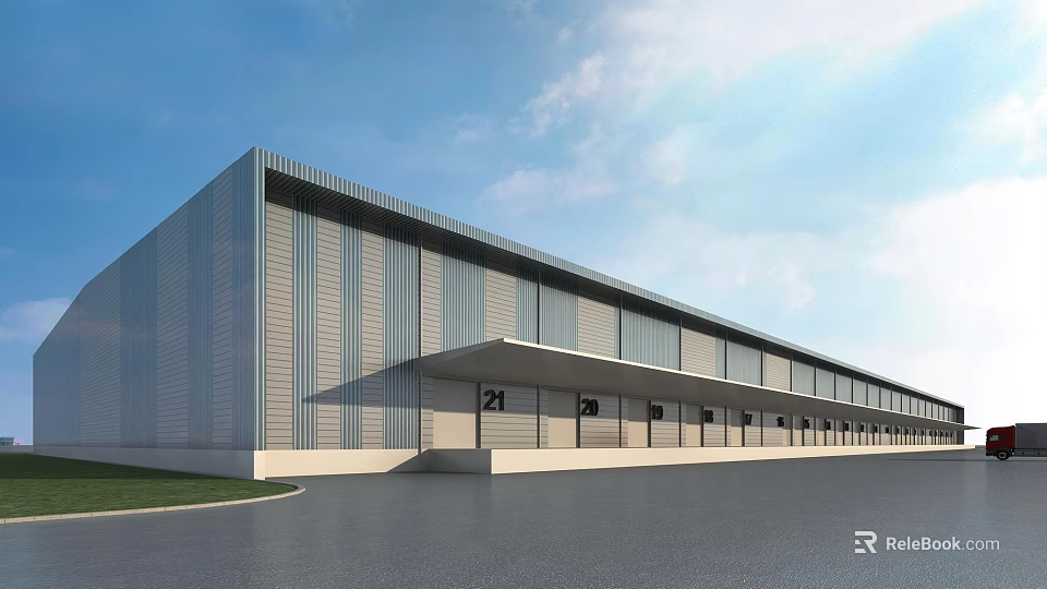 Modern Industrial Warehouse Exterior With Metal Cladding Glass Windows And Spacious Forecourt 3d model 