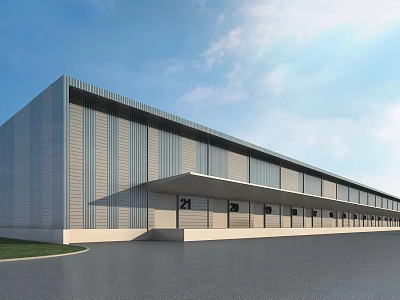 Modern Industrial Warehouse Exterior With Metal Cladding Glass Windows And Spacious Forecourt 3d model