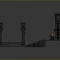 Cartoon Scene of Ancient Stone Entrance with Arched Door Burning Torches Stone Steps and Pillars