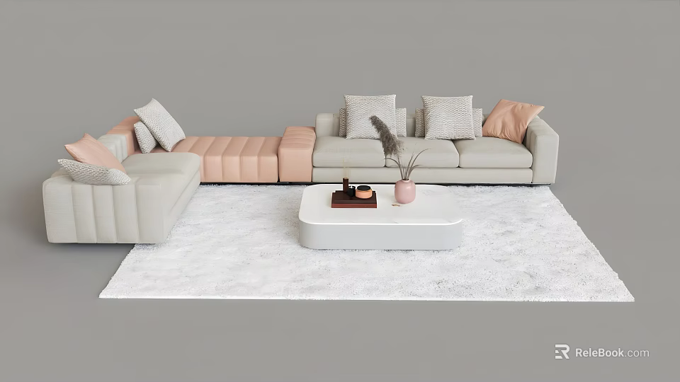 Light Gray Sofa And Coffee Table Set With Pink Module Throw Pillows On White Rug 3d model
