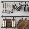 Stylish Kitchen Utensils Display With Hanging Metal Racks Wooden Cutting Board And Black Towels