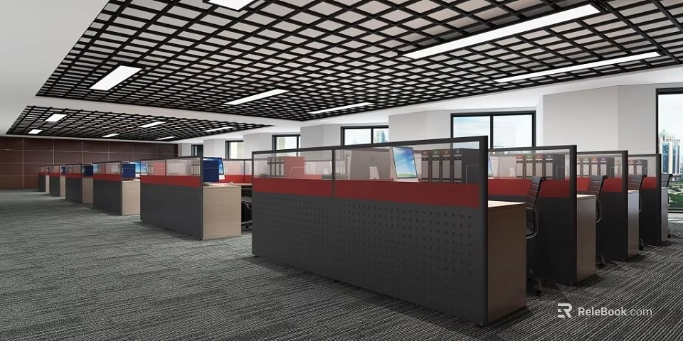 Public Office Area With Cubicles Computers Windows And Modern Ceiling Design 3d model