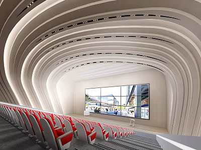 Modern Stylish Conference Room Interior With Curved Design Large Screen And Red Stepped Seats 3d model