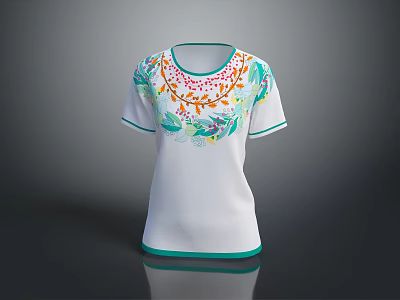 White T Shirt With Colorful Floral Pattern On Collar And Green Trim 3d model