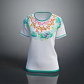 White T Shirt With Colorful Floral Pattern On Collar And Green Trim