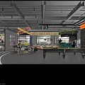 Harley Davidson Bar Interior With Motorcycle On Circular Platform Pool Table And Merchandise Shelves