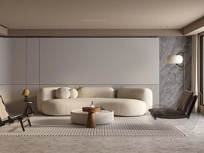 Modern Minimalist Living Room Interior With Beige Curved Sofa Round Coffee Table And Area Rug 3d model