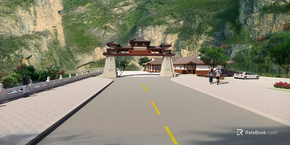 Traditional Chinese Entrance Gate With Mountain Backdrop Road And Classic Buildings 3d model 