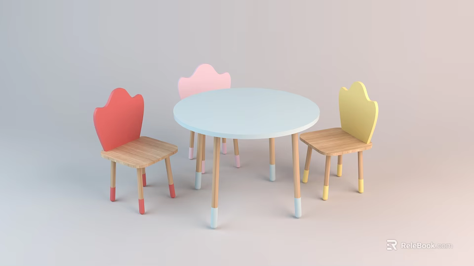 Round Light Blue Children's Table With Three Colorful Heart Shaped Backrest Chairs And Wooden Legs 3d model 