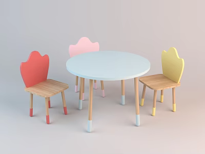 Round Light Blue Children's Table With Three Colorful Heart Shaped Backrest Chairs And Wooden Legs 3d model