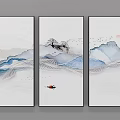 Three Panel Ink Wash Landscape Painting With Mountains Waves Boat Flying Birds And Red Sun