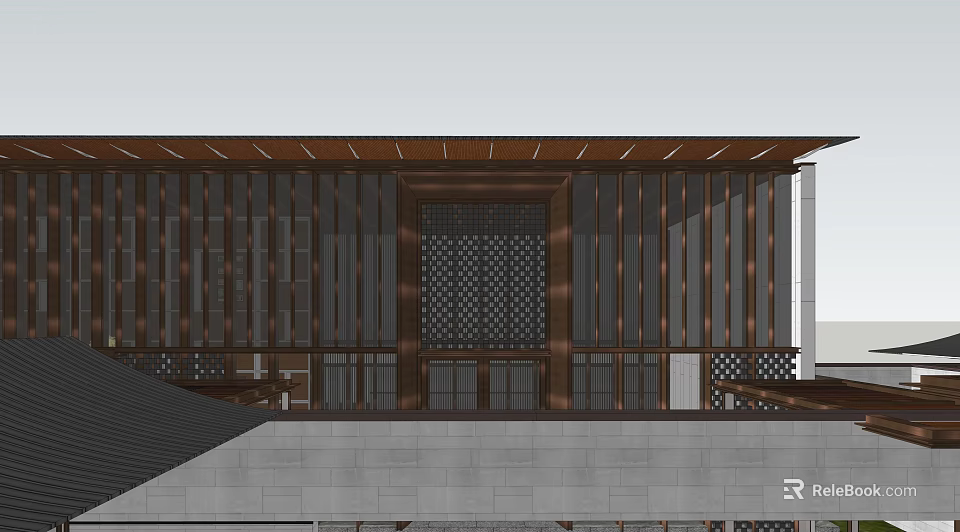 Modern Sales Office Building With Wooden Lattice Walls And Perforated Design Elements 3d model 