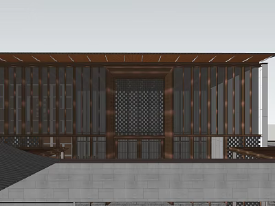 Modern Sales Office Building With Wooden Lattice Walls And Perforated Design Elements 3d model