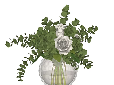 Transparent Glass Vase With White Roses And Eucalyptus Leaves Decorative Arrangement 3d model